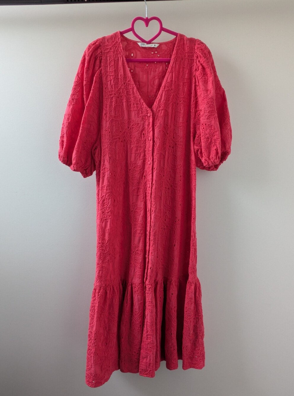 Women's Red Eyelet Midi Dress with Puff Sleeves